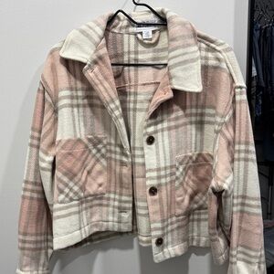 For The Republic Pink and Cream Plaid Teddy Jacket